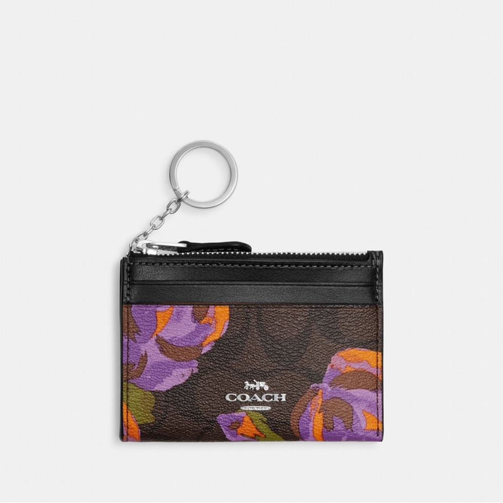 Coach Floral Print Card Case Keyring in Brown & Purple